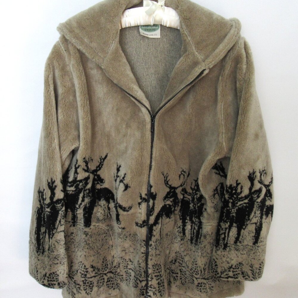 Pine Cone Designs beige deer plush zip front ls jacket hoodie *Sz M*